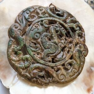 Large Asian Pendant of Dragon on Speckled Green Jade